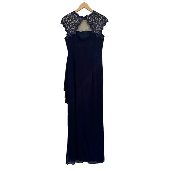 NWT Alex Evenings Draped Evening Dress in Navy w/ Metallic Lace Cut-Out Size 6 - Picture 5 of 10